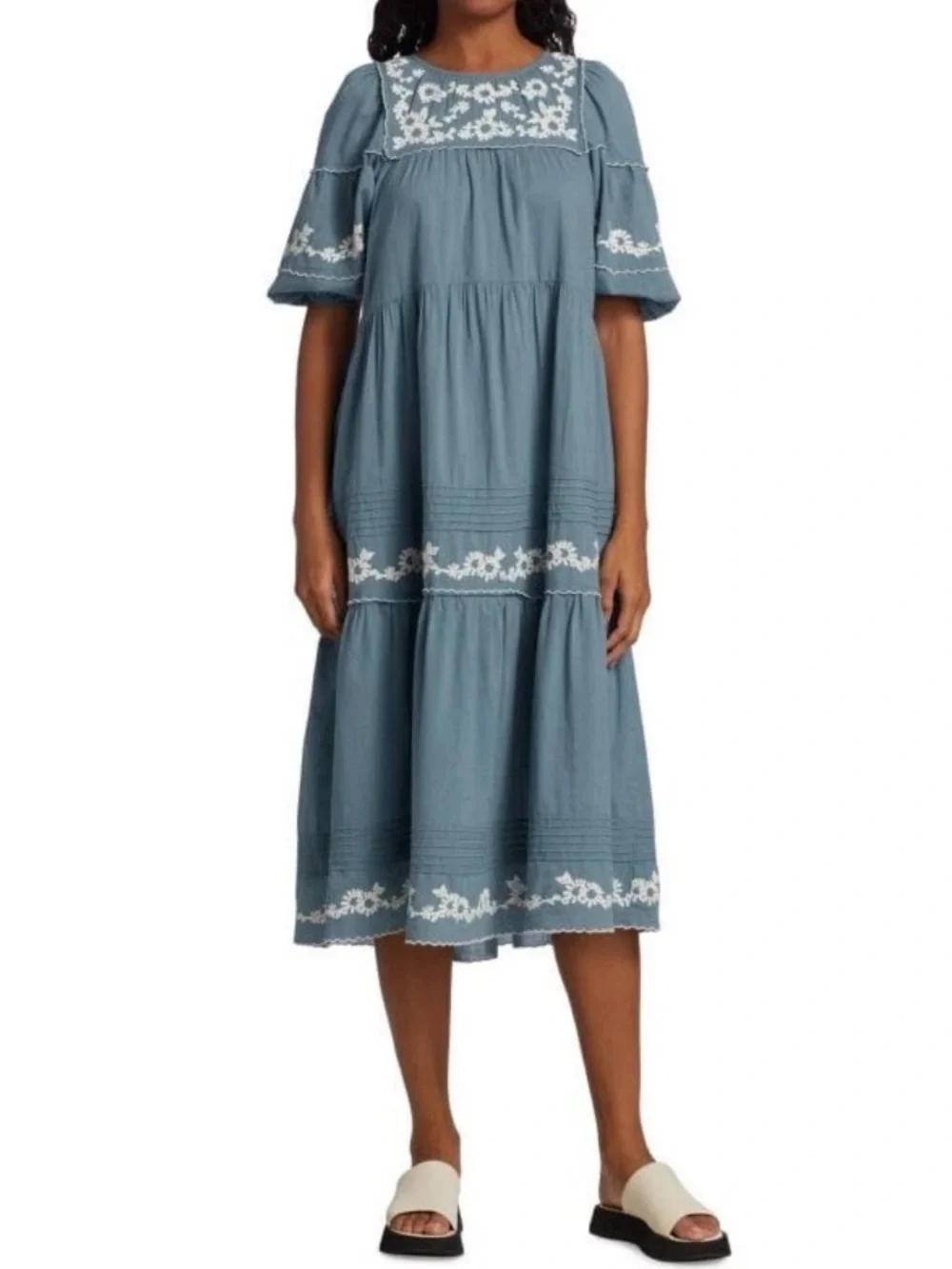 The Great. the Heirloom Blue Dress Short Sleeve Embroidered NEW 3 / L